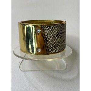 Gold Tone Wide Cuff Bracelet Snake Print Crystal Accents Statement Bangle Y2K